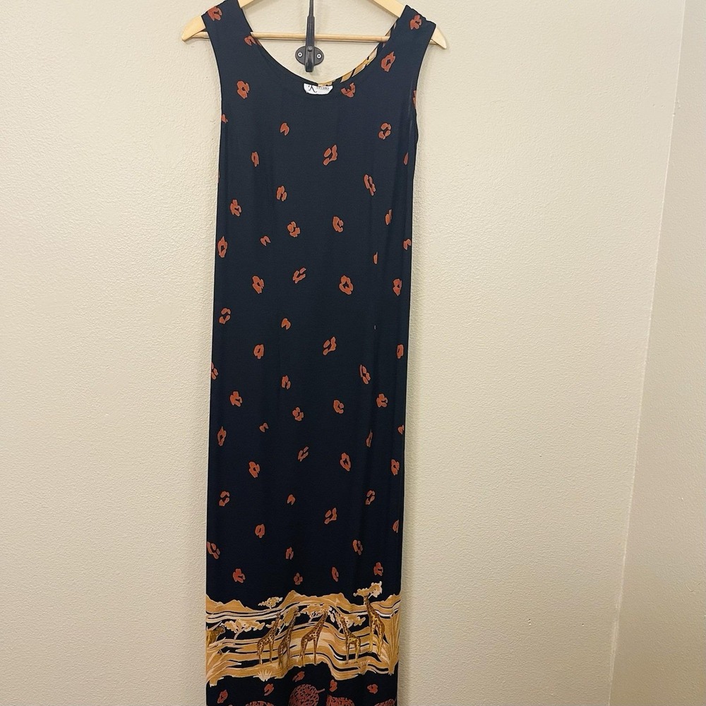 VTG K Studio Safari Giraffe Maxi Dress Tie Back Black Indie Sleaze Grunge Sz M